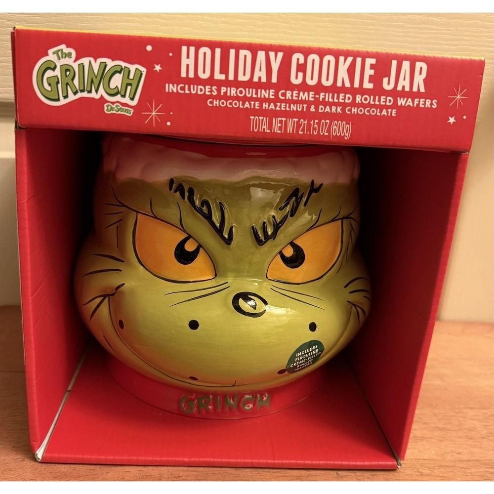 Dr Seuss The Grinch Holiday Cookie Jar Pirouline Creme Filled Rolled Wafers NEW
